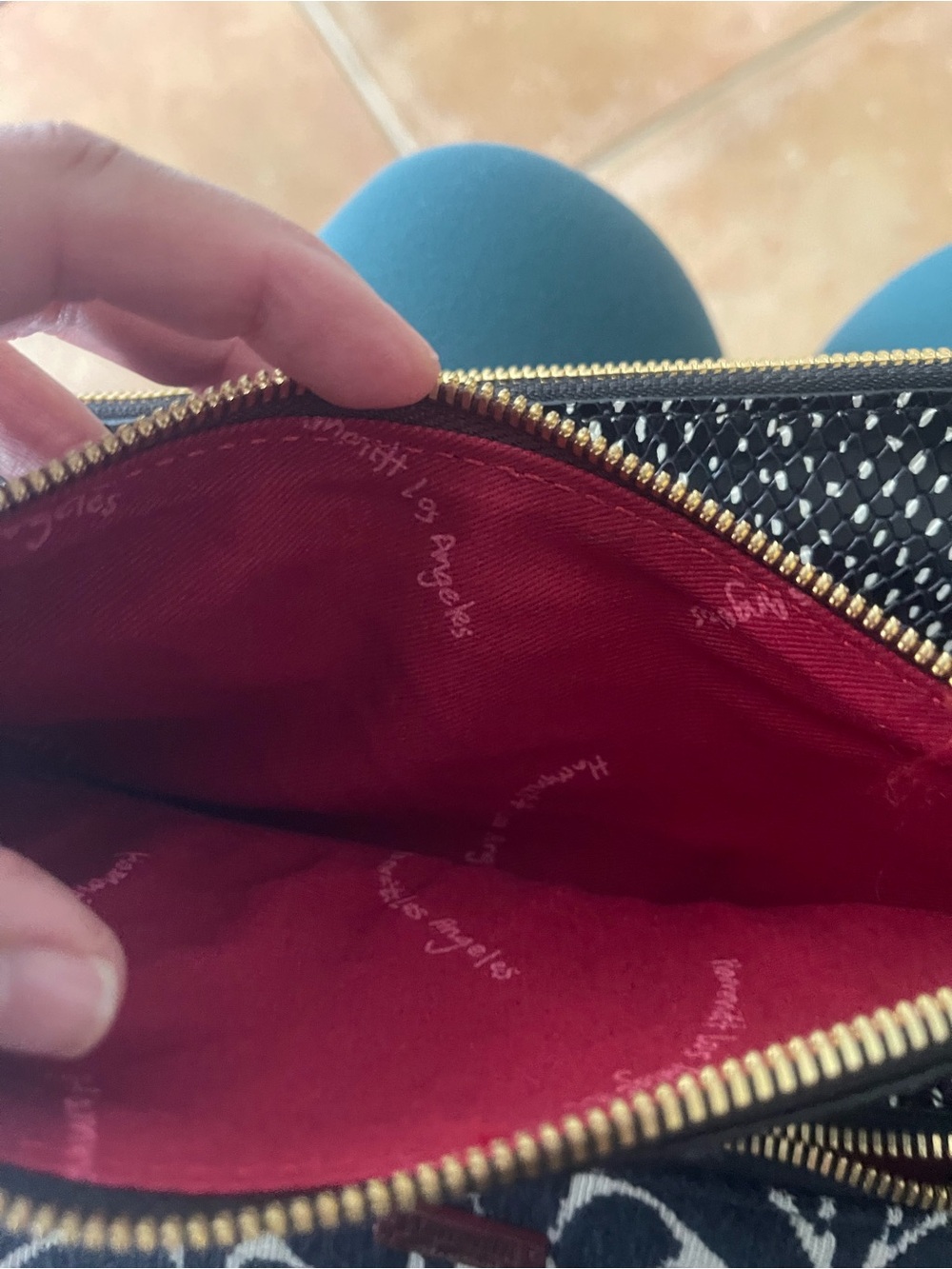 Hammitt Blue, burgundy and White Patterned Crossbody with Brown Leather Accent. - Picture 4 of 8